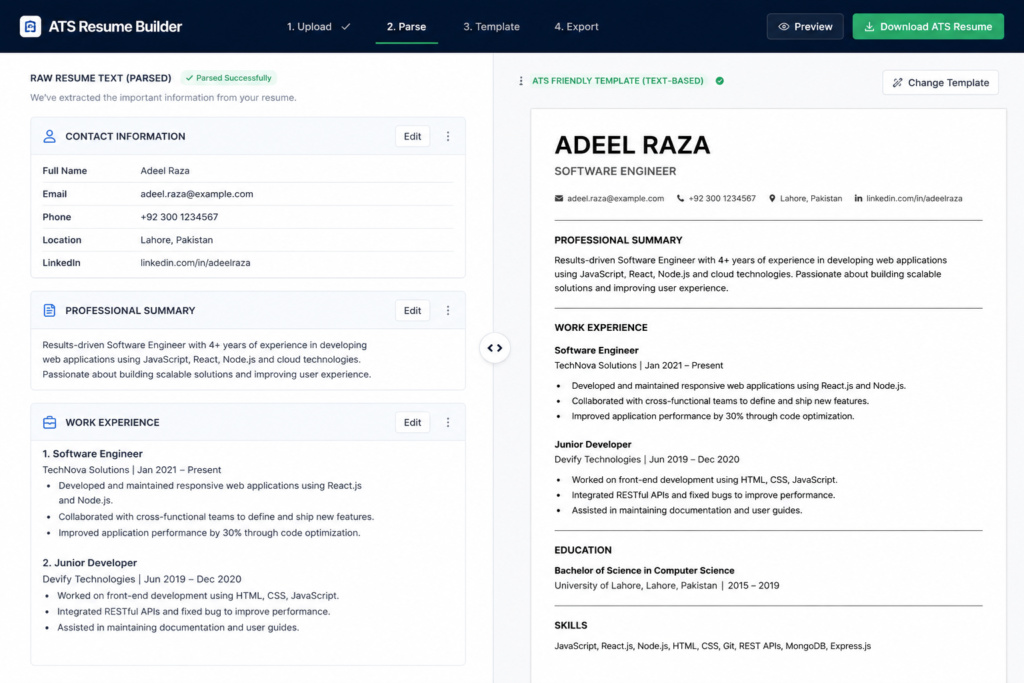 ATS Resume Builder Guide: Which Tool Actually Passes the Scan? ATS resume builder interface showing parsed contact fields and job history next to a clean text‑based template