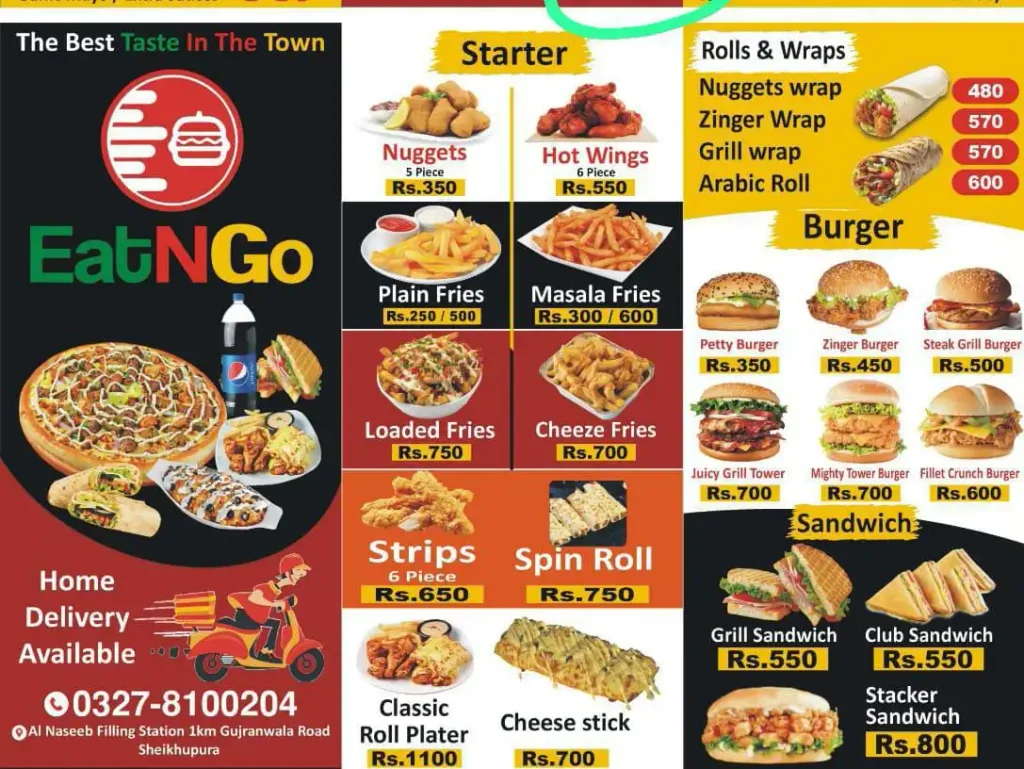 Eat N Go Restaurant Sheikhupura: An Honest First-Hand Review, Beef Burger Breakdown, and Complete Visitor Guide Eat N Go Sheikhupura menu card showing appetizers, loaded fries, nuggets, wings, and wraps.