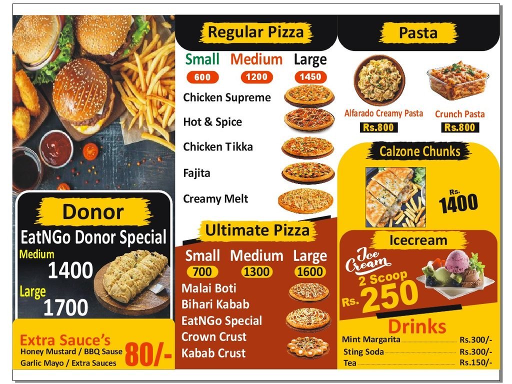 Eat N Go Restaurant Sheikhupura: An Honest First-Hand Review, Beef Burger Breakdown, and Complete Visitor Guide Eat N Go Sheikhupura menu card featuring burgers, zinger burgers, beef burgers, sandwiches, and pizzas.