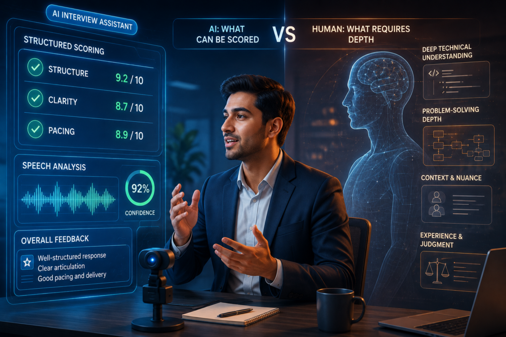 How AI Interview Tools Are Changing Job Preparation (2026) ai interview preparation interface showing scored rubric and human technical evaluation comparison