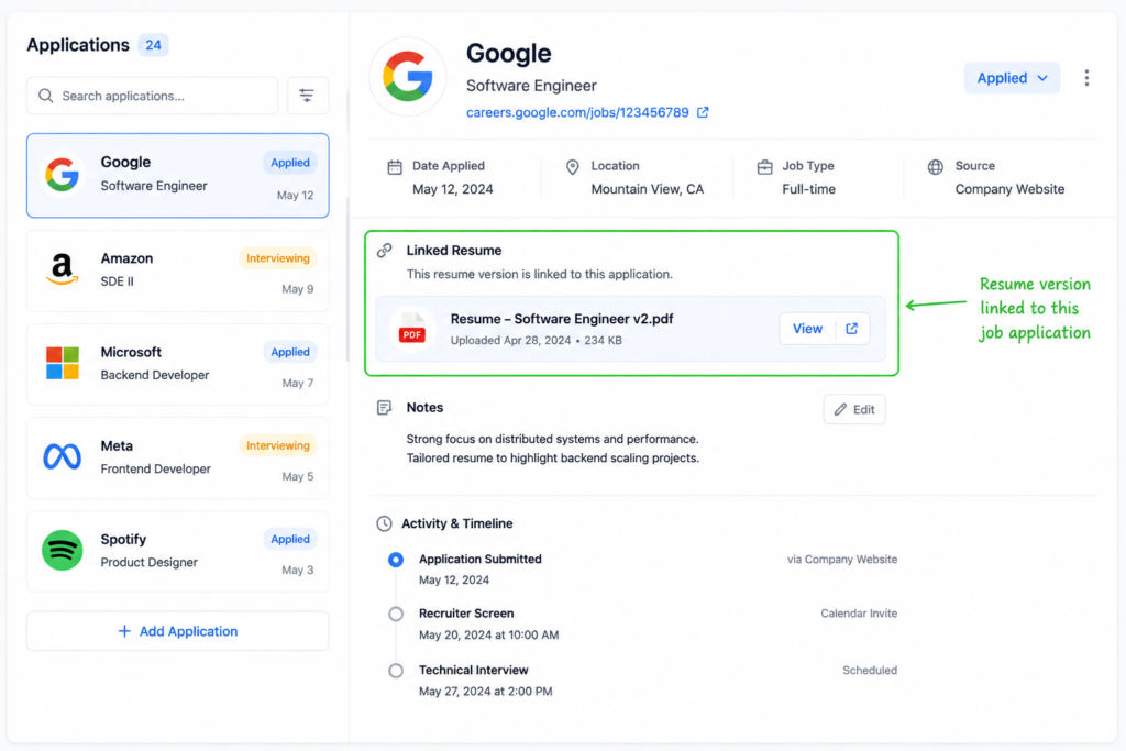 Best Job Application Tracking Tools for 2026 application tracker card showing linked resume version for a job listing