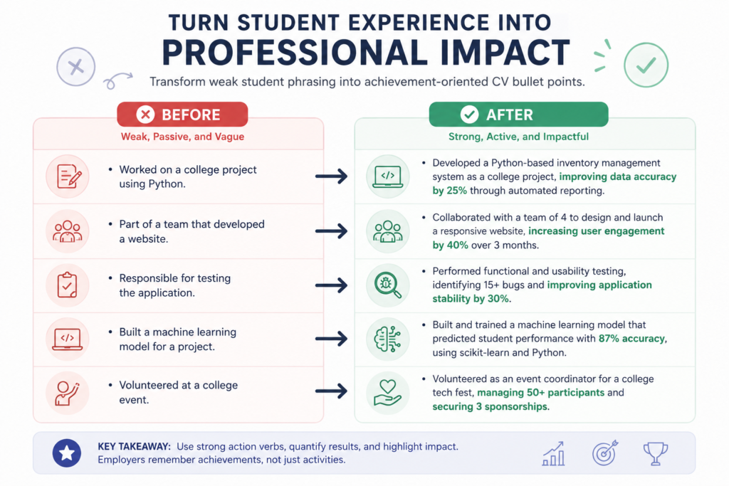 Best AI CV Maker for Students: Top 5 Free Builders for 2026 before and after comparison showing how to turn student project descriptions into professional cv bullet points
