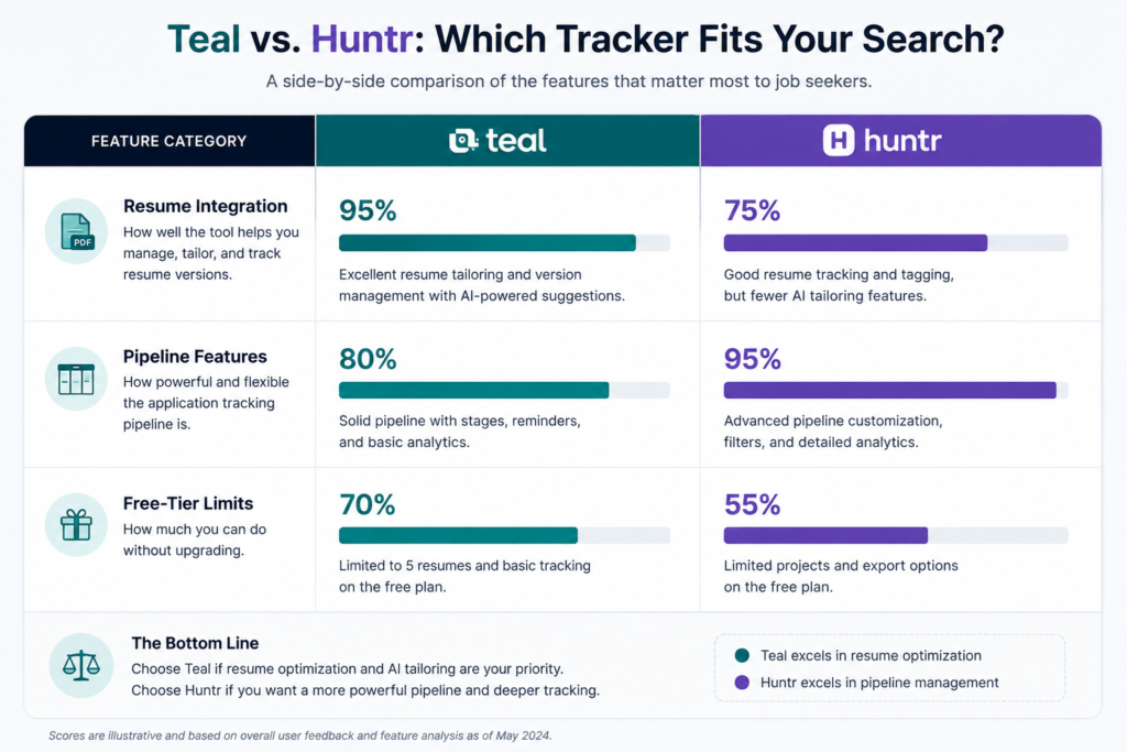 Best Job Application Tracking Tools for 2026 chart comparing teal and huntr job tracker features side by side