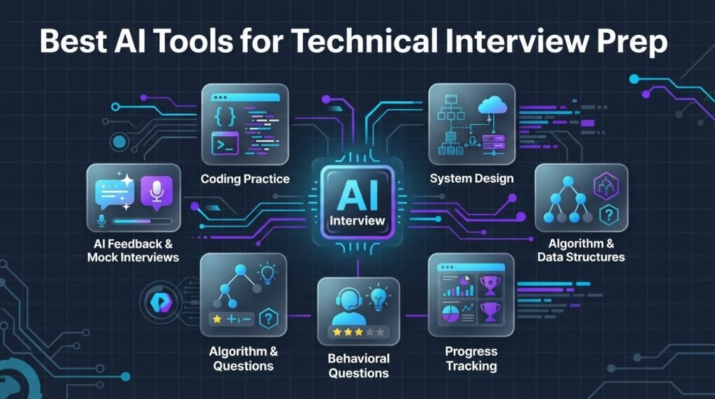 comparison chart of six ai technical interview prep tools with features and pricing