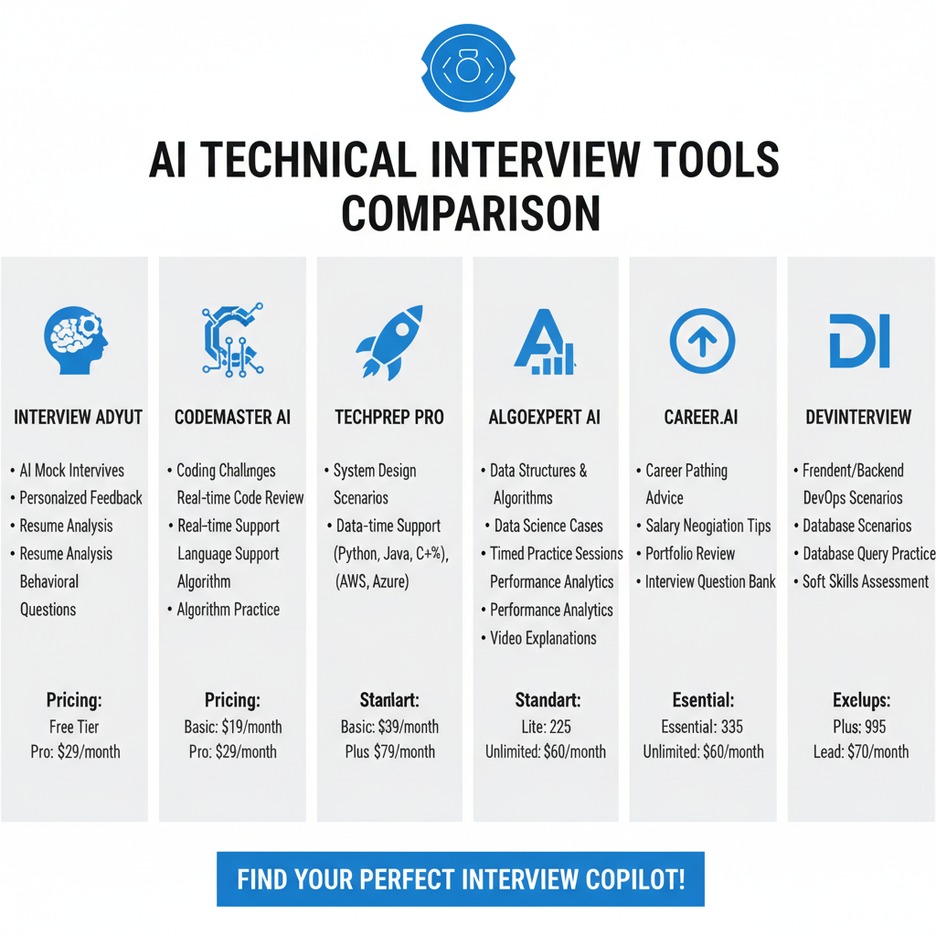 comparison chart of six ai technical interview prep tools with features and pricing