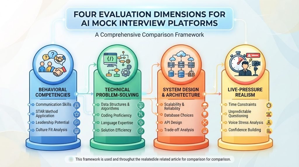 AI Mock Interview Platforms: 2026 Feature & Pricing Comparison four evaluation dimensions for ai mock interview platforms behavioral, technical, system design, and live pressure realism