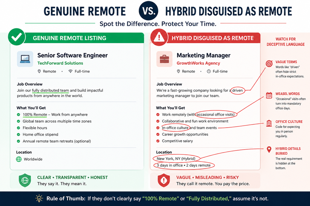 Best AI Tools for Finding Remote Jobs in 2026 hybrid job listing mislabeled as remote versus a genuine remote job posting