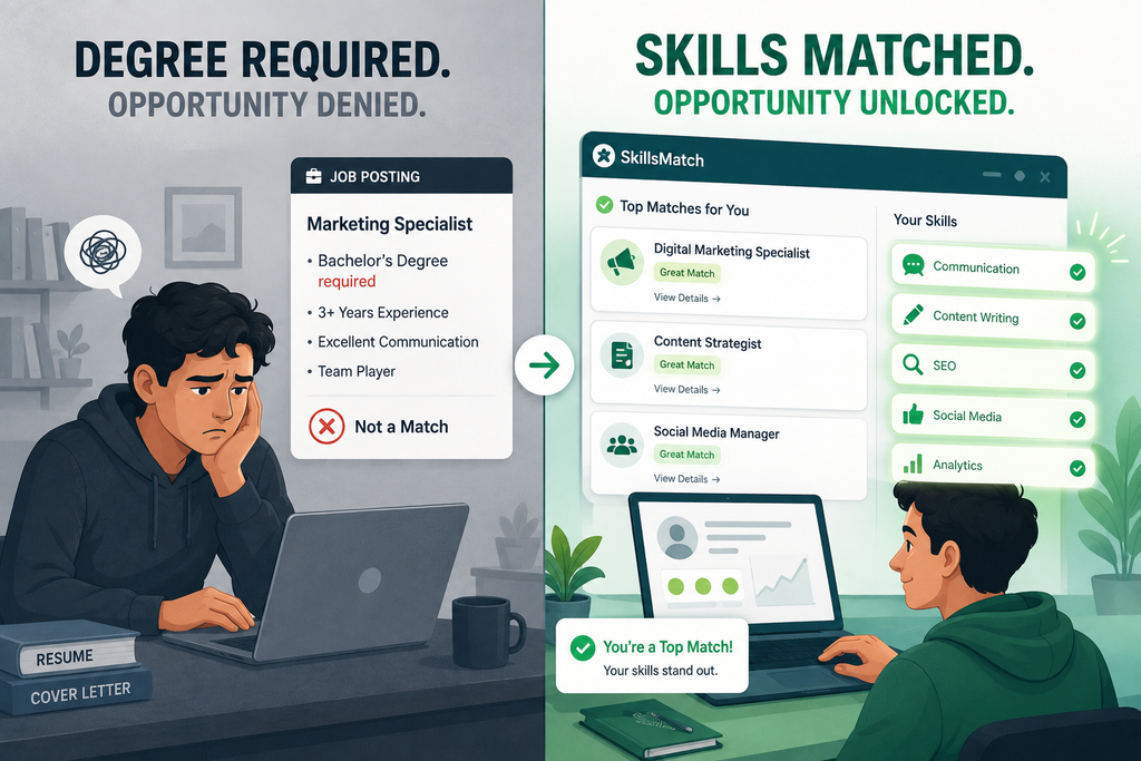 Best Job Matching Platforms for Skills-Based Hiring in 2026 illustration showing skills based hiring matching candidates by ability rather than degree credentials