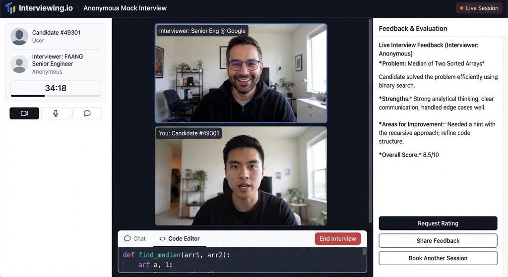 AI Mock Interview Platforms: 2026 Feature & Pricing Comparison interviewing.io anonymous mock interview platform showing video call with faang engineer and feedback panel