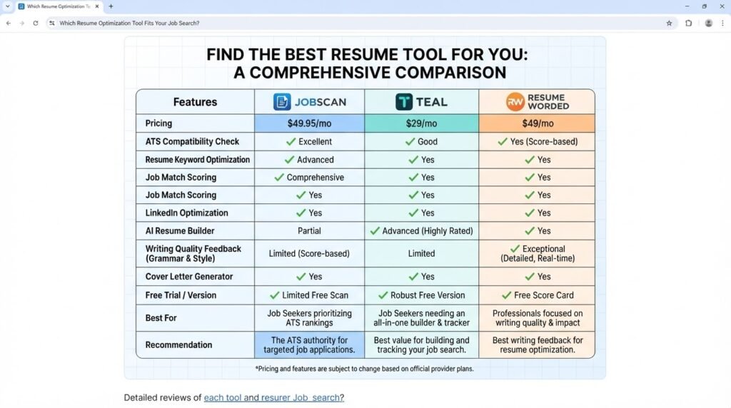 Resume Optimization Tools for AI Recruiters: 2026 Comparison pricing and feature comparison of jobscan, teal, and resume worded resume optimization tools