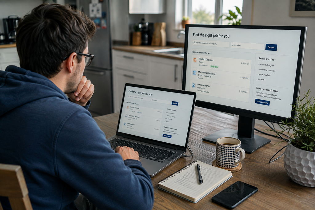 Best AI Tools for Finding Remote Jobs in 2026 remote worker reviewing job listings on a laptop at home