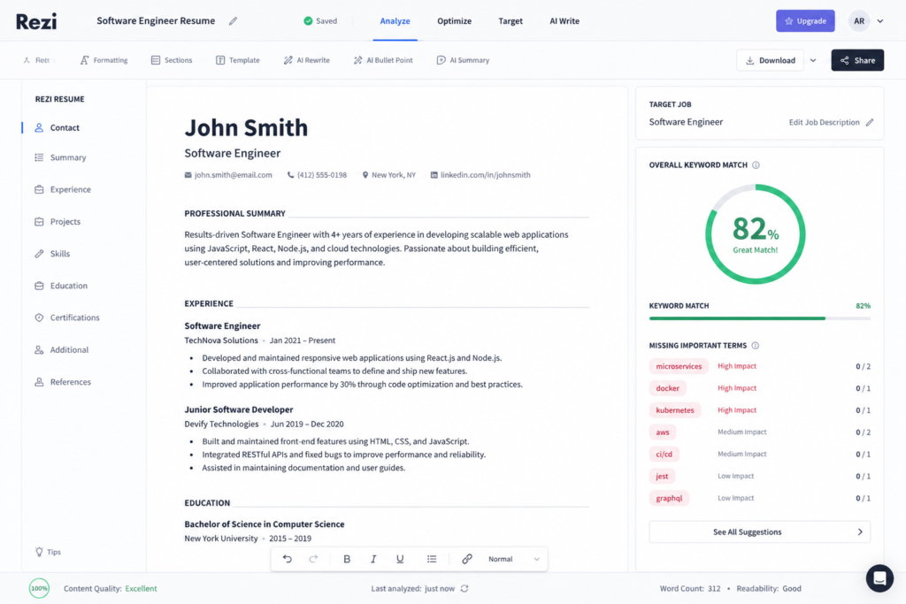 ATS Resume Builder Guide: Which Tool Actually Passes the Scan? rezi ats resume builder showing 82% keyword match and missing terms from job description