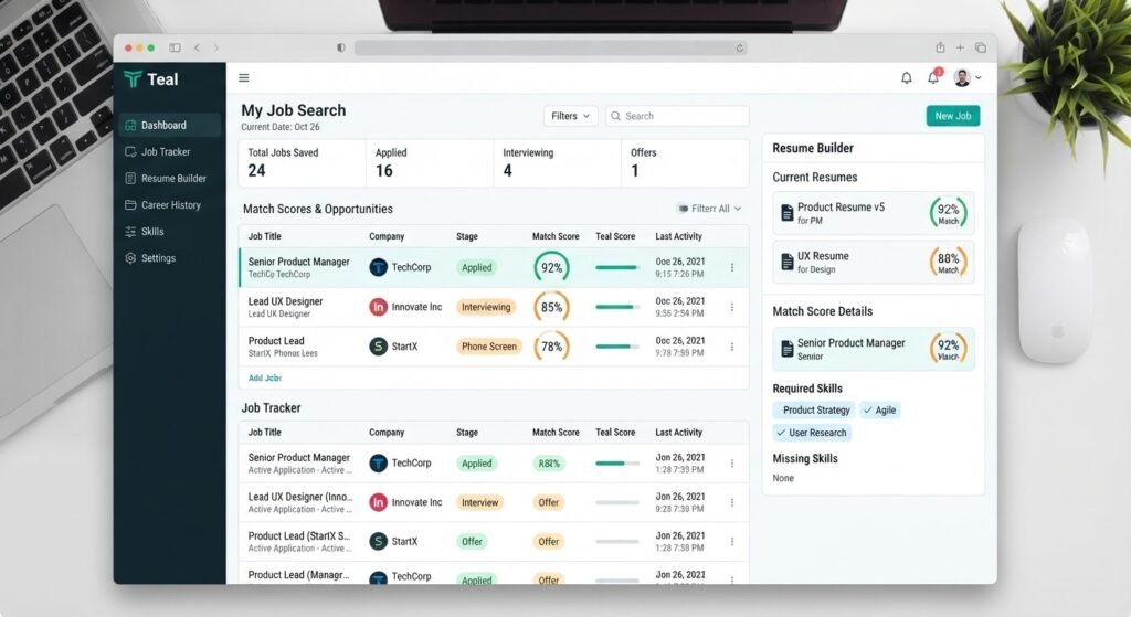 Resume Optimization Tools for AI Recruiters: 2026 Comparison screenshot of teal job search dashboard with resume builder and match scores
