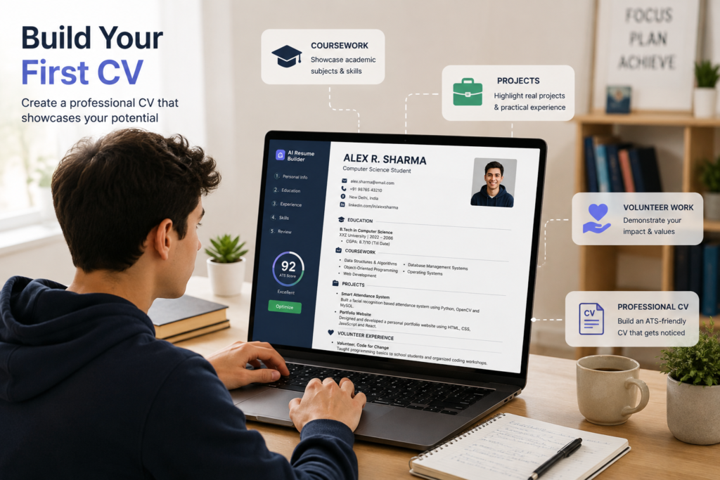 Best AI CV Maker for Students: Top 5 Free Builders for 2026 student building first cv using ai resume builder with coursework and projects