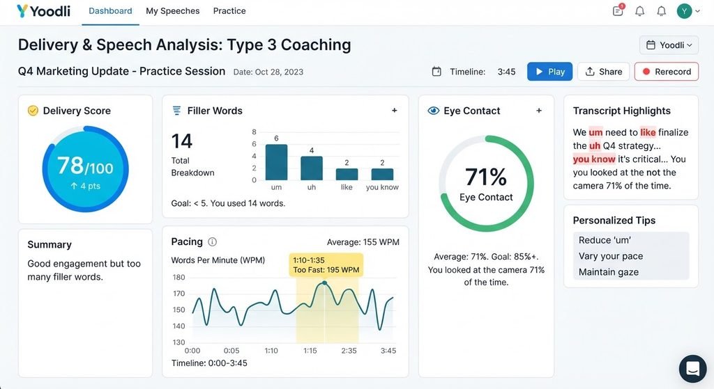Best AI Interview Preparation Tools for Job Seekers in 2026 yoodli speech coaching dashboard with filler word and pacing analytics