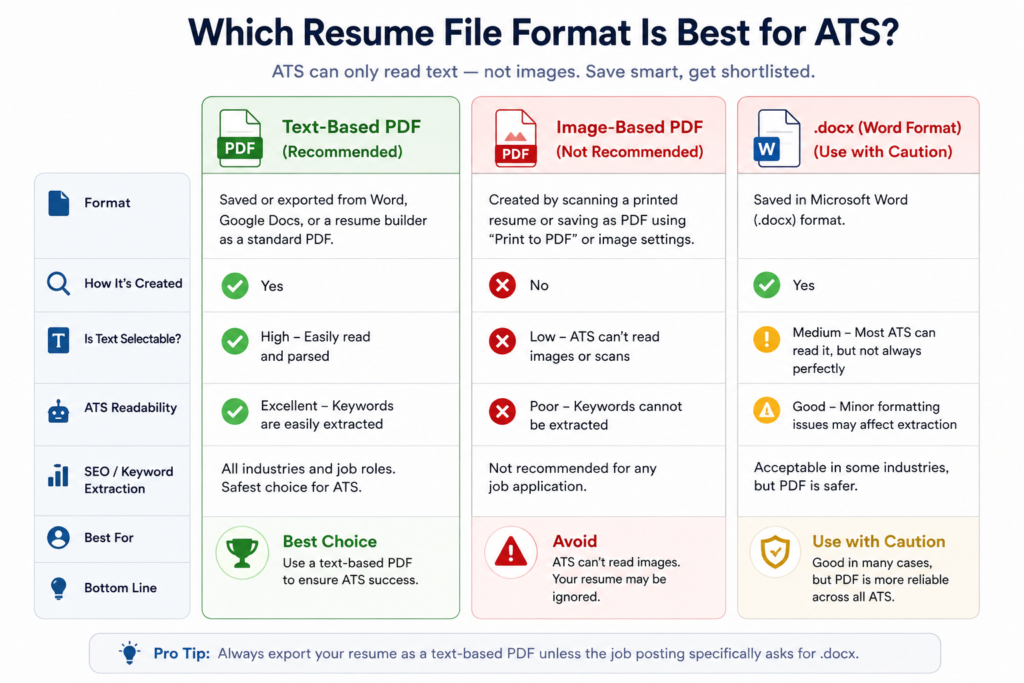 ATS-Friendly Resume Format: The Rules That Actually Work comparison of pdf, image pdf, and word formats for ats resume readability