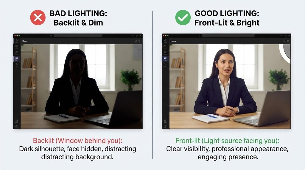 Best Interview Practice Apps for Remote Video Calls (2026) comparison of bad backlit setup versus good front lit setup for video interviews