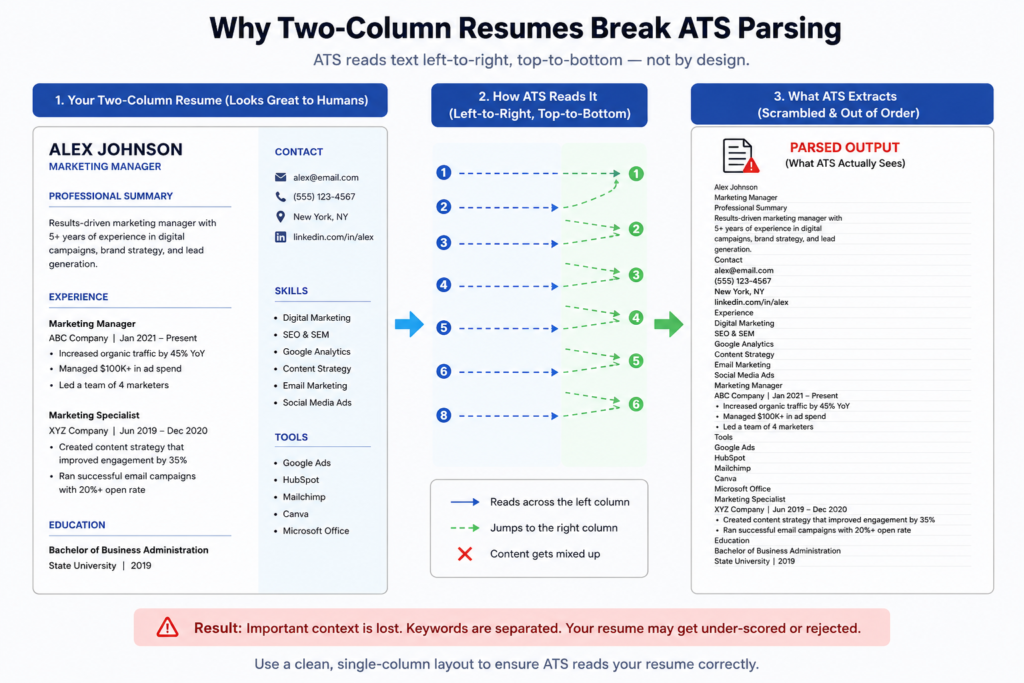 ATS-Friendly Resume Format: The Rules That Actually Work diagram showing how ats software misreads a two column resume layout