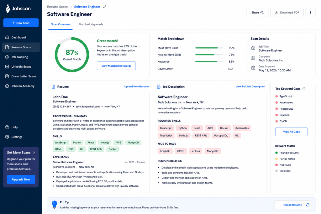 Best AI Resume Builder 2026: 5 Tools That Pass ATS Filters Jobscan resume scanner showing keyword match percentage against a job description