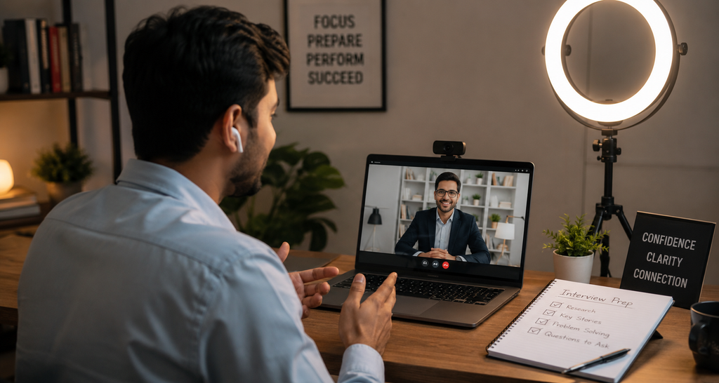 Best Interview Practice Apps for Remote Video Calls (2026) person practicing a remote job interview on a laptop with proper lighting