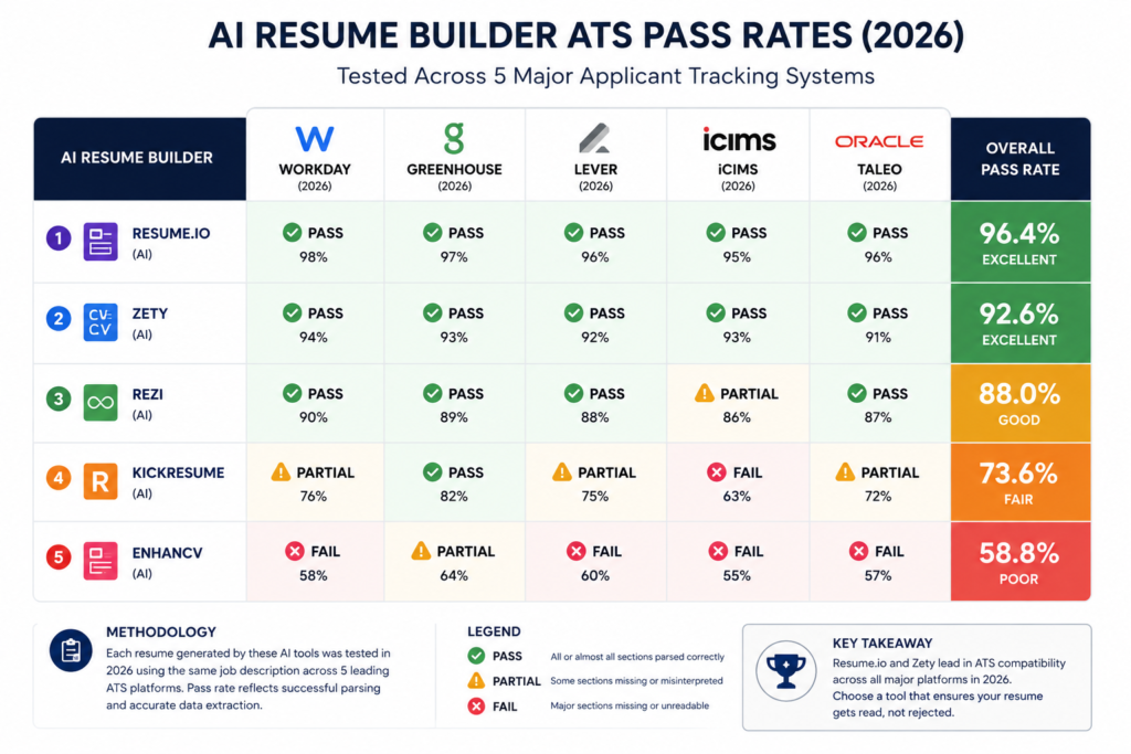 Best AI Resume Builder 2026: 5 Tools That Pass ATS Filters AI resume builder ATS pass rates tested across Workday, Greenhouse, Lever, iCIMS, and Taleo in 2026