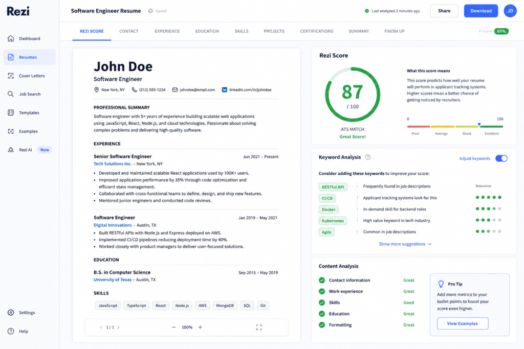 Best AI Resume Builder 2026: 5 Tools That Pass ATS Filters Rezi AI resume builder showing live ATS match score and keyword recommendations