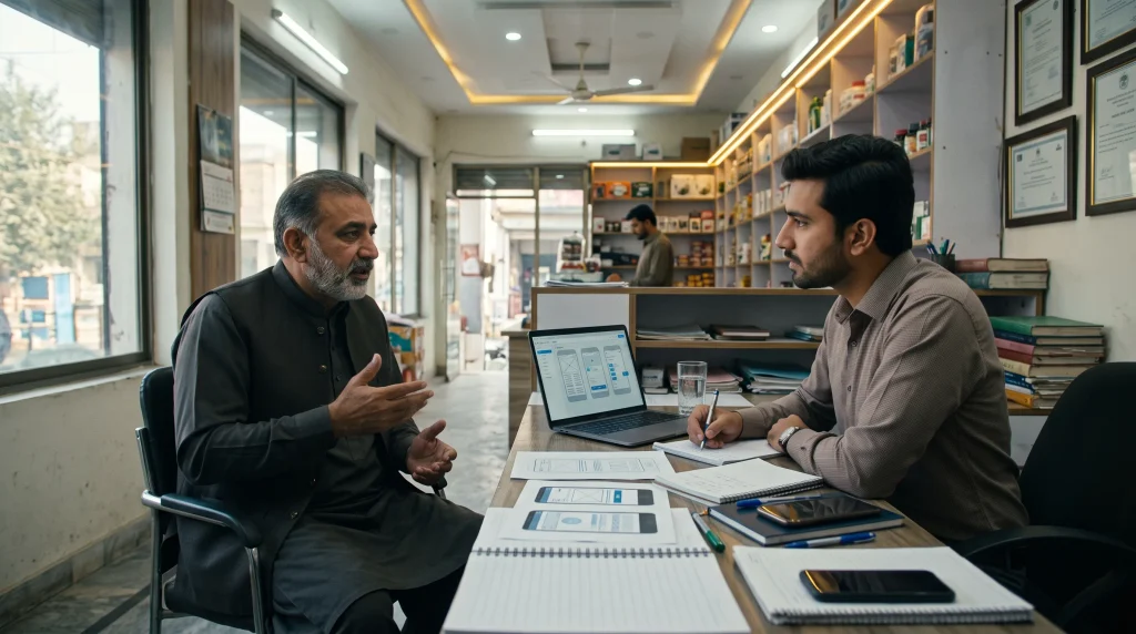 alkasim software engineer consulting with a local retail business proprietor in sheikhupura
