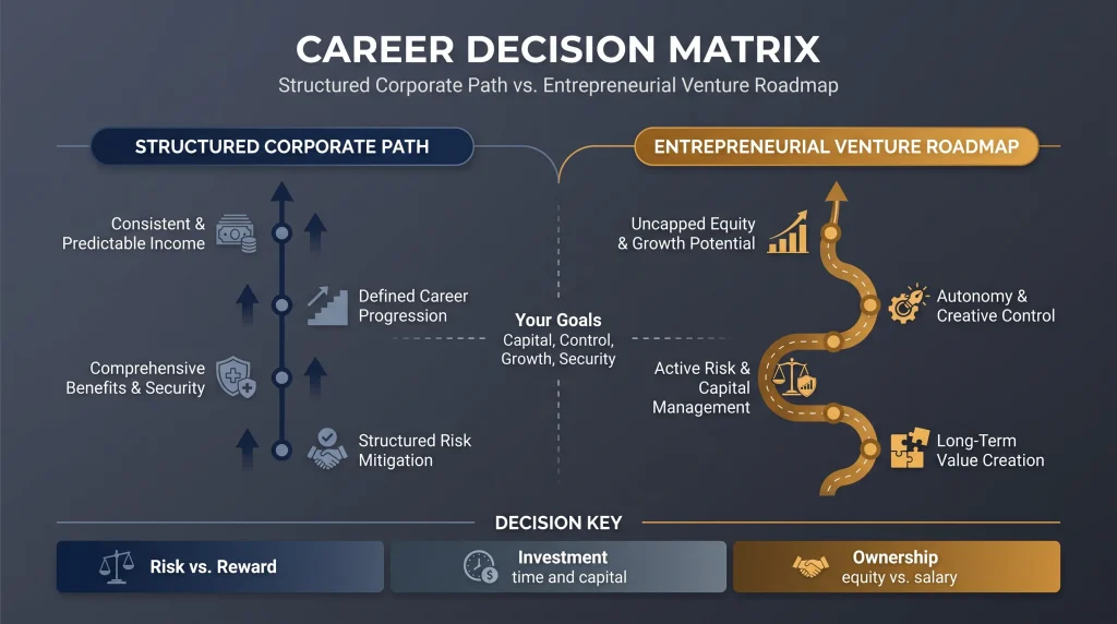 analytical visual diagram showing the career trade offs between employment and entrepreneurship