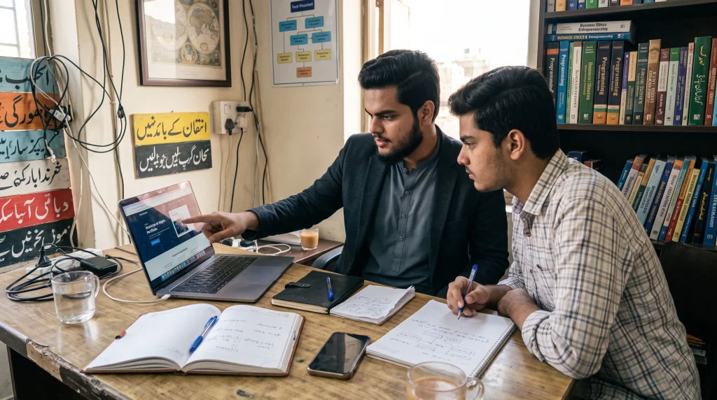 Who is Abdullah Butt? Inside the Life, Career, and Vision of the Pakistani Tech Mentor infolopia biographical feature showing abdullah butt conducting one on one student mentorship at alkasim in sheikhupura