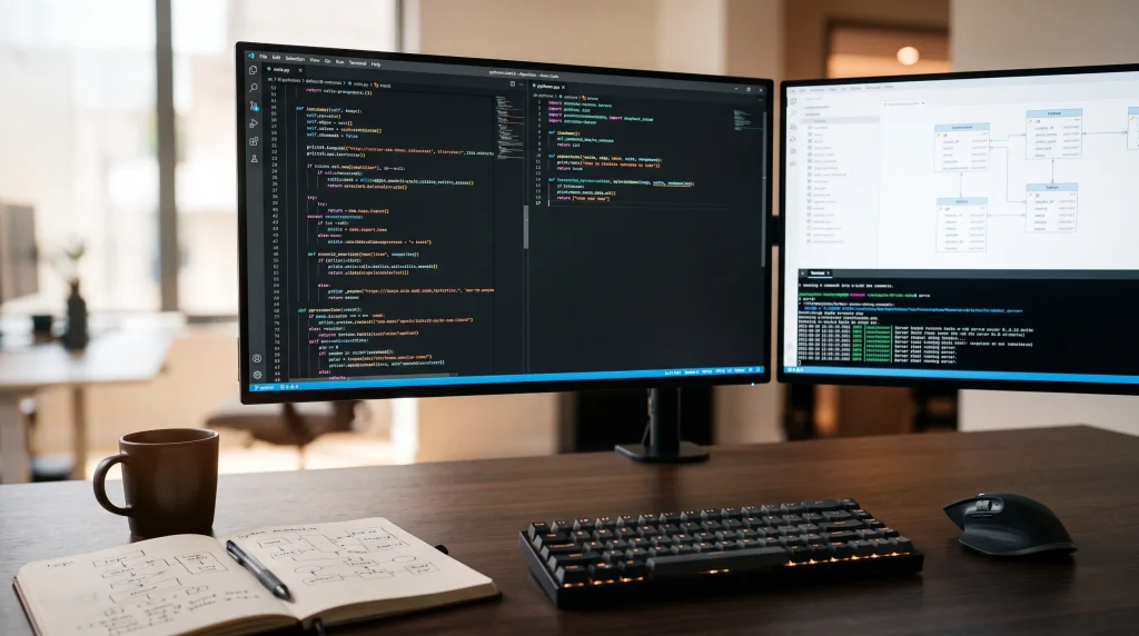 professional dual monitor software development setup running python code editors and database schemas
