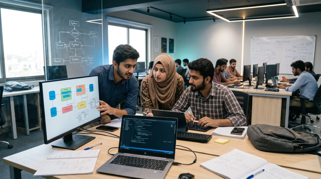 software engineering students collaborating on live commercial codebase review at alkasim