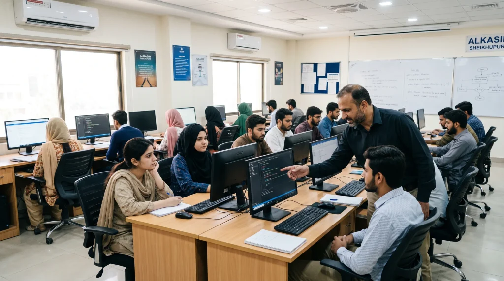 students engaged in practical software engineering at alkasim computer education institute in sheikhupura